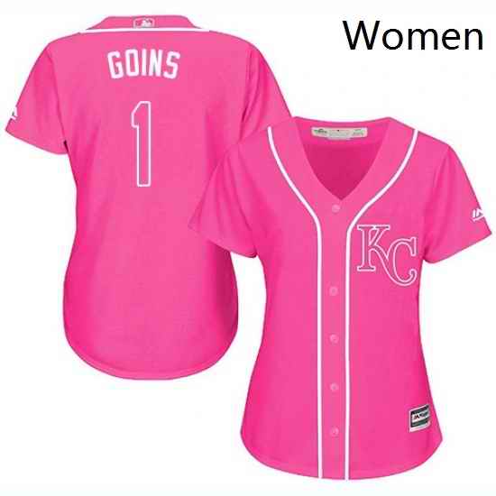 Womens Majestic Kansas City Royals 1 Ryan Goins Replica Pink Fashion Cool Base MLB Jersey